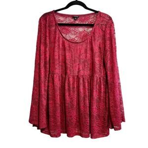 Torrid Full Lace Babydoll Stretch Scoop Neck Red Long Flare Sleeve Top Size 14